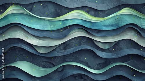 Cascading navy-aqua waves with lime highlights suggest rhythmic tidal motion on gray.