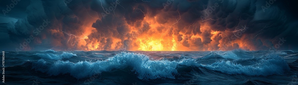 Stormy sea, midnight, leviathan in the deep painting, horizon view, lightning flash, sea legend 