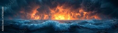 Stormy sea, midnight, leviathan in the deep painting, horizon view, lightning flash, sea legend 