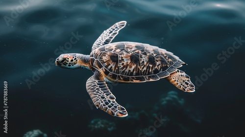  A turtle swimming in the ocean, its back and head above water's surface