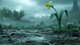   A solitary yellow bloom rests in a swampy puddle's center