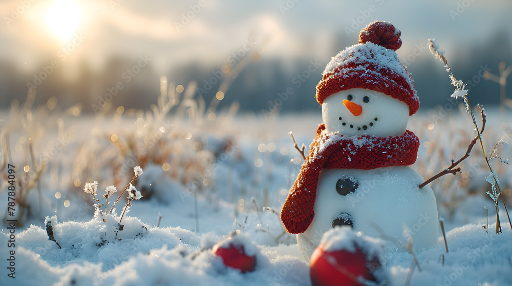  Winter Solstice snowman in a snowy field. generative ai  - obrazy, fototapety, plakaty 