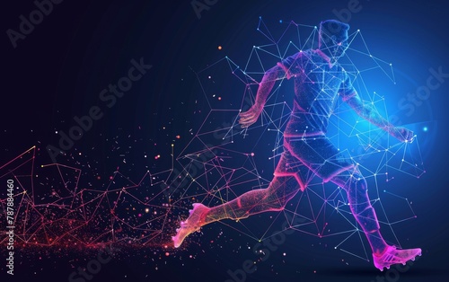 Abstract silhouette of particles with lines and triangles. footballer