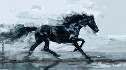 Digital painting of a black horse in motion  on abstract background. 