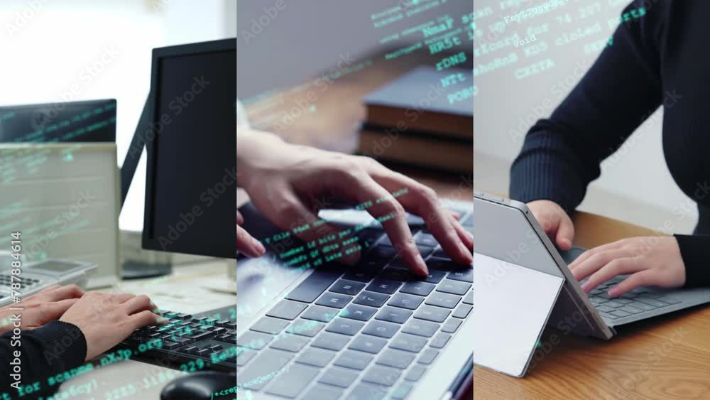 Collage of people using computers and digital code concept. System ...