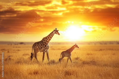 baby giraffe and mother giraffe walking on background © Tidarat