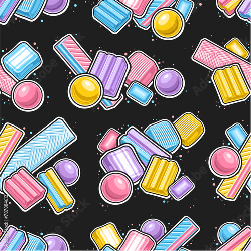 Vector Bubble Gum seamless pattern, repeat background with outline illustration of many various bubblegums and soft candies, square poster with group of flying flat lay bubble gums on dark background