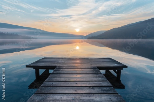 A wooden pier sits on a lake with a beautiful sunset in the background