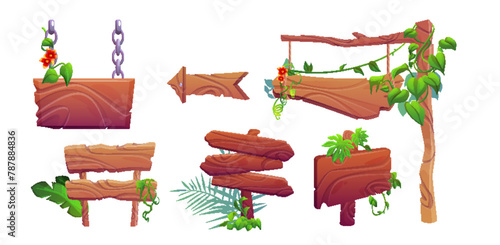Wooden signboard with jungle plants. Cartoon vector illustration set of game ui design frame and text boxes with green leaves, liana vines and tropical flowers. Signage banner with wood texture.