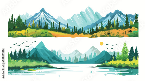 Nature line landscapes set with mountains forest fiel photo