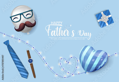 Blue Father's Day greeting card with balloons and string lights, tie, watch, gifts