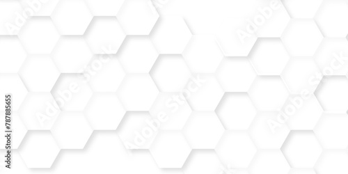 Abstract white background with hexagons pattern. White abstract vector wallpaper with hexagon grid. Technology Futuristic honeycomb emboss mosaic white background. 