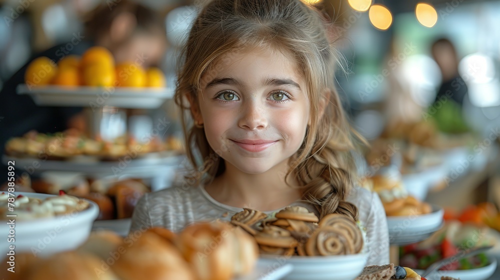 Happy kid and his sister enjoying in buffet breakfast while being in hotel with their parents Happy kid and his sister enjoying in buffet breakfast while being in hotel with their parents
