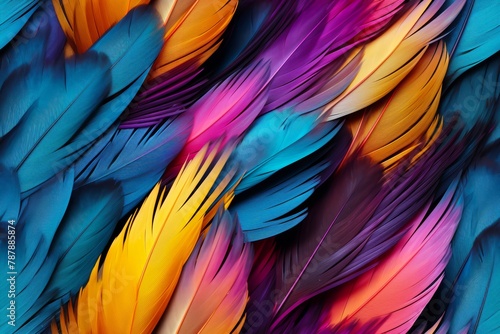 The fine, feathery texture of a bird's plumage, with vibrant colors and intricate patterns
