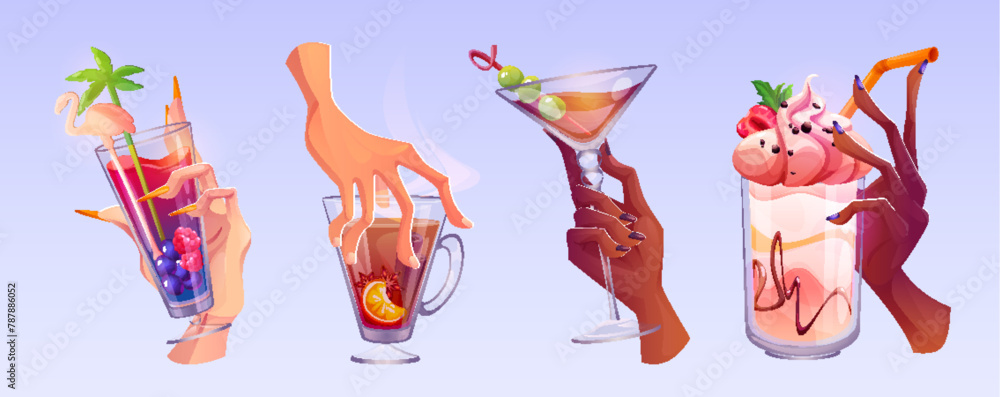 Hands with cocktail glasses set isolated on background. Vector cartoon illustration of male and female fingers holding glass cups with alcohol drinks, fruit juice, spicy hot tea, cold beverages - obrazy, fototapety, plakaty 