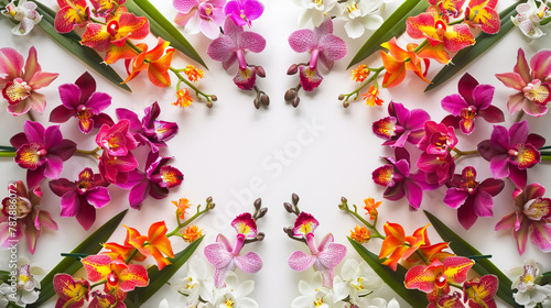 A kaleidoscope of vibrant orchids arranged in a circular formation inside empty
