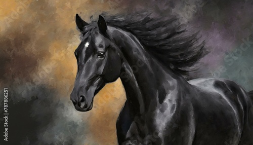 Wallpaper texted painting of a black horse in motion, on abstract background.