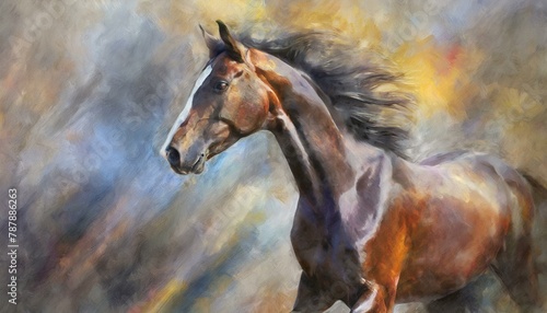 Wallpaper texted painting of a black horse in motion, on abstract background. photo