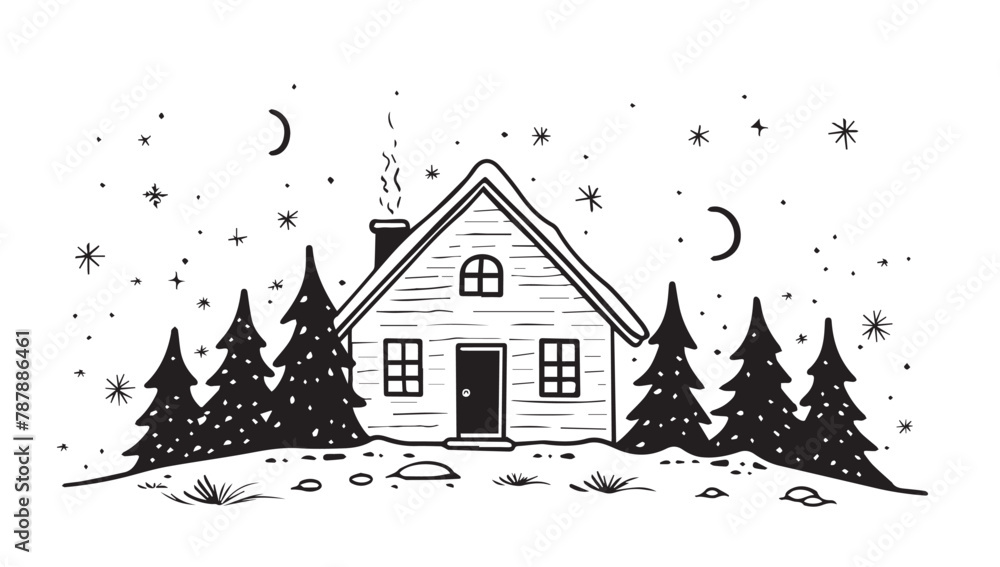Fototapeta premium Christmas home and tree, Sketch, Pictogram Art, Black on white image 