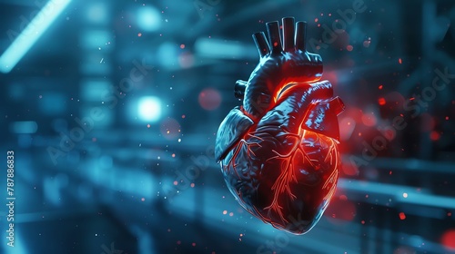 Human heart anatomy on cardiac hospital background , 3d render , futuristic background,