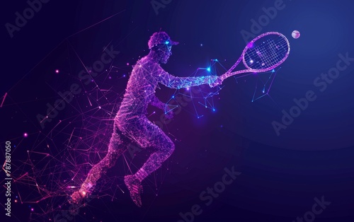 Abstract silhouette of particles with lines and triangles. footballer