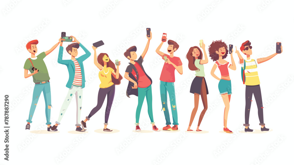 People with gadgets making selfie. Guys and girls 