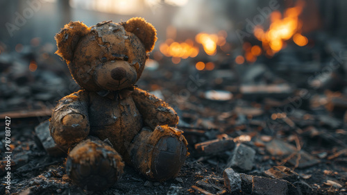 children's teddy bear toy over a burned city, destruction of the consequences of a military conflict.generative ai