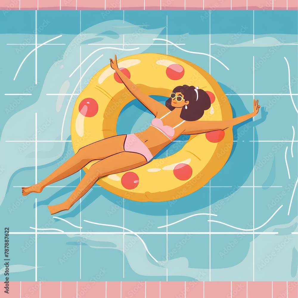  Flat style woman on vacation swimming in pool, resting or dreaming on water waves on inflatable ring or mattress. 