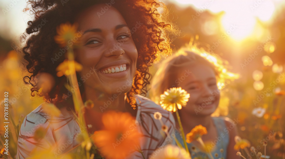 A close-up portrait of a mother and her children laughing together, surrounded by the vibrant colors of a wildflower meadow during a springtime hike. The sunlight filters through the trees.