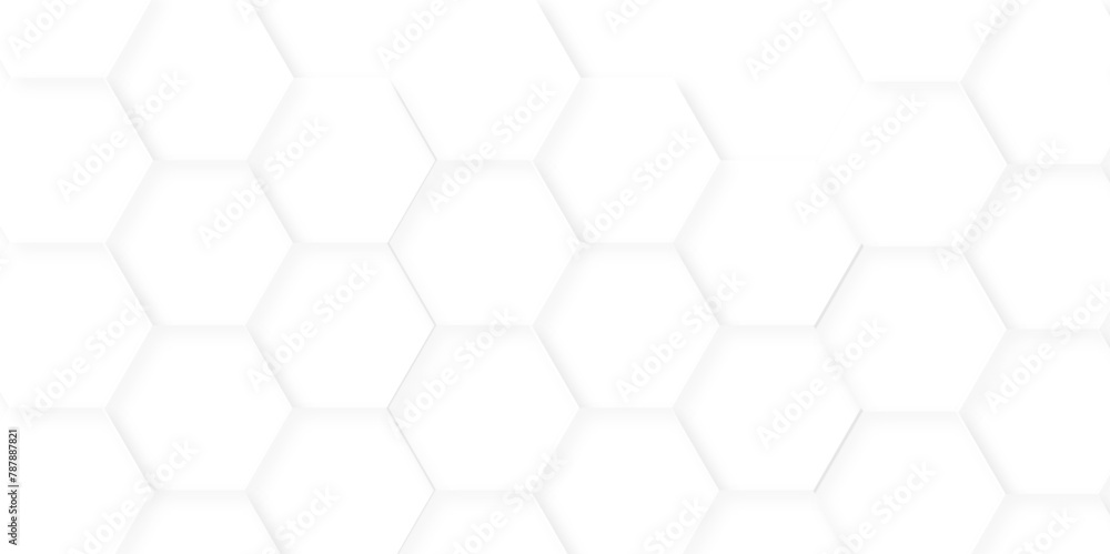 Naklejka premium Abstract white background with hexagons pattern. White abstract vector wallpaper with hexagon grid. Technology Futuristic honeycomb emboss mosaic white background. 