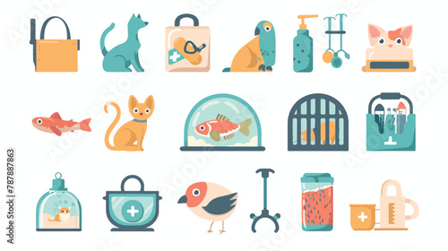 Pet care and food vet supplies flat icons set vector