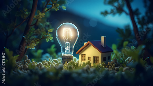 Light bulb and small house in nature #787888071