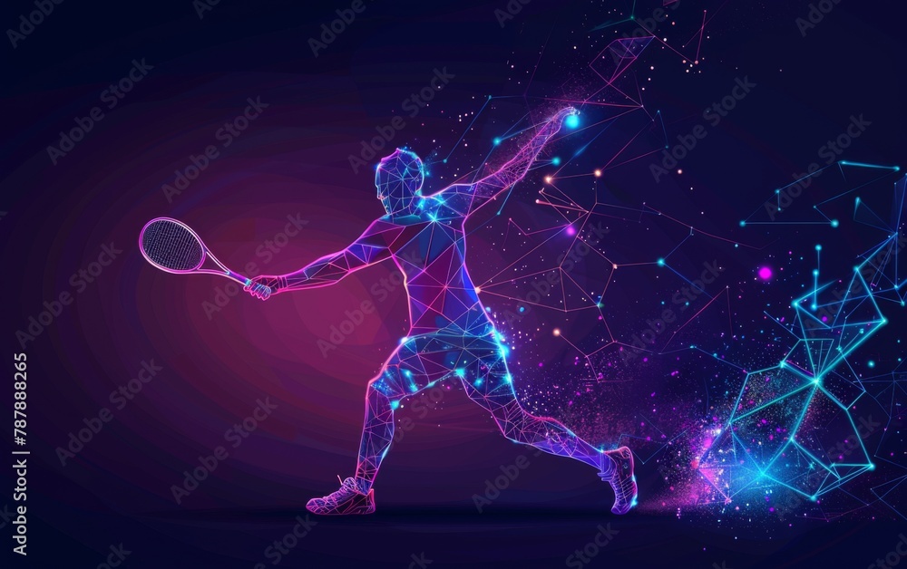 Abstract silhouette of particles with lines and triangles. footballer