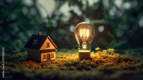 Light bulb and small house in nature