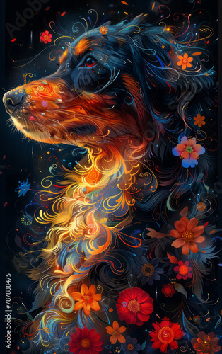 Beautiful dog in profile , side view, colorful swirls with flowers around the body,generative ai