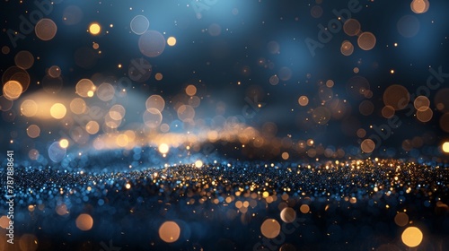 A mesmerizing abstract background featuring the serene beauty of dark blue complemented by the radiance of golden particles. The festive glow of Christmas golden lights introduces, AI Generative photo
