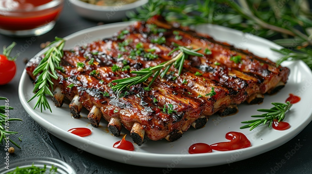 Grilled pork ribs in Barbecue sauce on white plate top view, Image for Cafe and Restaurant Menus Grilled pork ribs in Barbecue sauce on white plate top view, Image for Cafe and Restaurant Menus