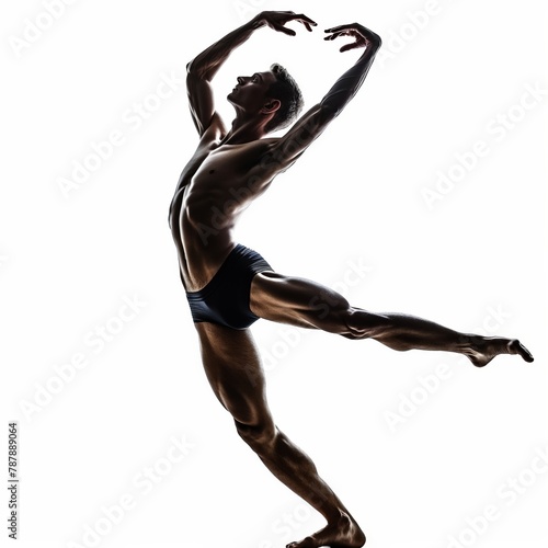 A male ballet dancer posed artistically against a white background, muscles defined, body in mid-dance.