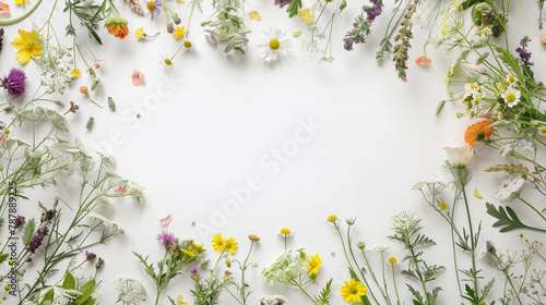 A lush frame inside is empty of assorted wildflowers encircling an empty space in the center, inviting the viewer to imagine their own narrative within the serene white backdrop