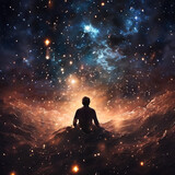 A solitary figure drifting amidst a cosmic expanse symbolizes the profound bond between humanity and the cosmos