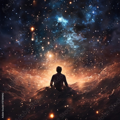 A solitary figure drifting amidst a cosmic expanse symbolizes the profound bond between humanity and the cosmos #787889842