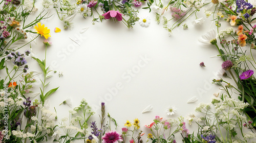 A lush frame inside is empty of assorted wildflowers encircling an empty space in the center, inviting the viewer to imagine their own narrative within the serene white backdrop