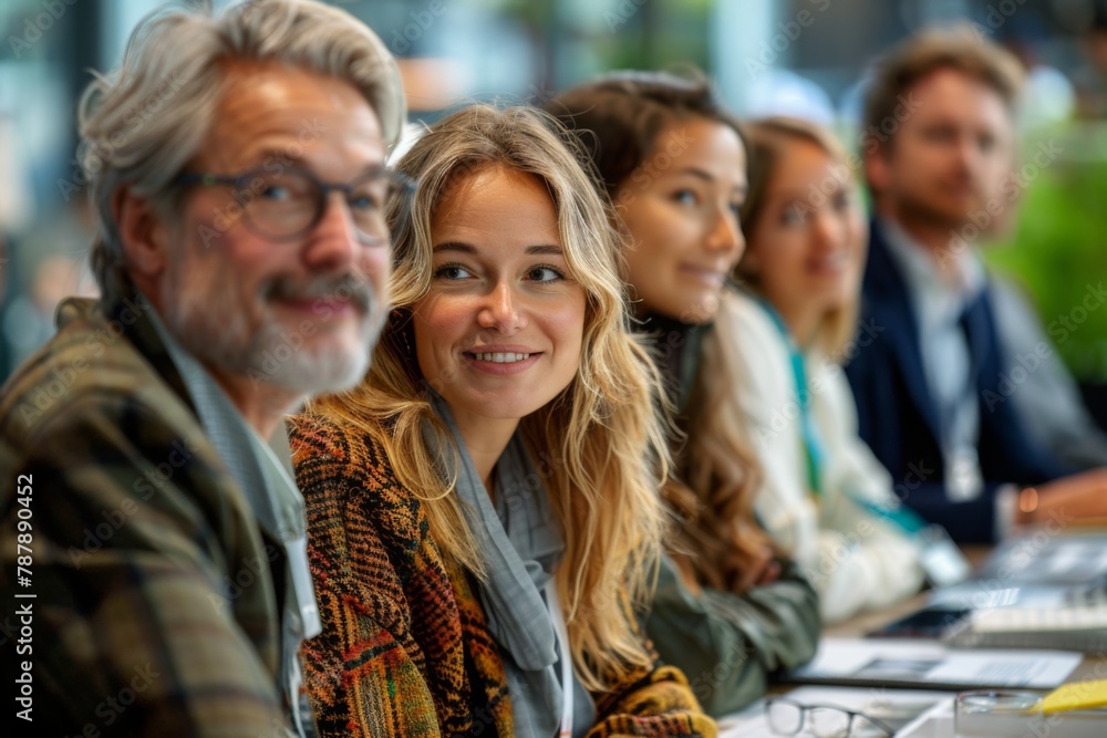 Documentary photography capturing a business team meeting focused on sustainable practices in real estate and investment, conveying the essence of eco-friendly business.strategies