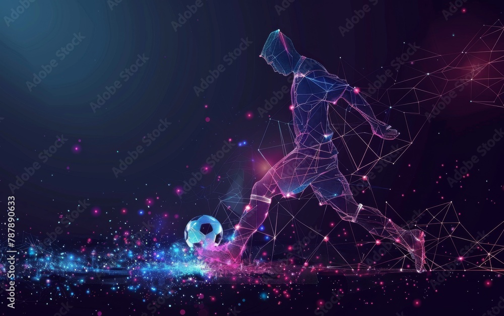 Naklejka premium Abstract silhouette of particles with lines and triangles. footballer