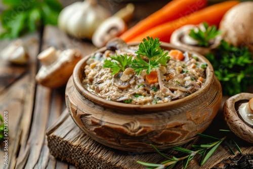 Mushroom pate with fried onions carrots parsley and rosemary on a rustic wooden backdrop