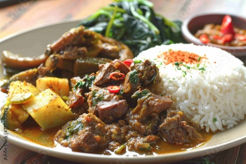 Nasi padang with beef tendon curry and green sambal photo