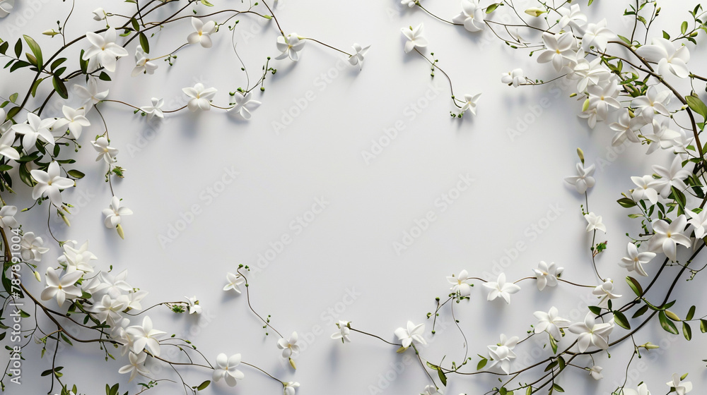  A mesmerizing pattern of intricate jasmine vines woven into an oval empty inside frame, their delicate white flowers casting subtle shadows against the pure white background, - obrazy, fototapety, plakaty 