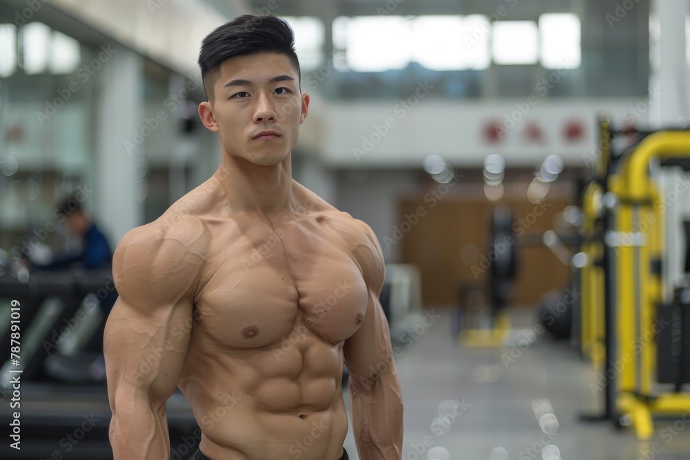 Asian Bodybuilder with Gym Equipment Backdrop Asian Bodybuilder with Gym Equipment Backdrop