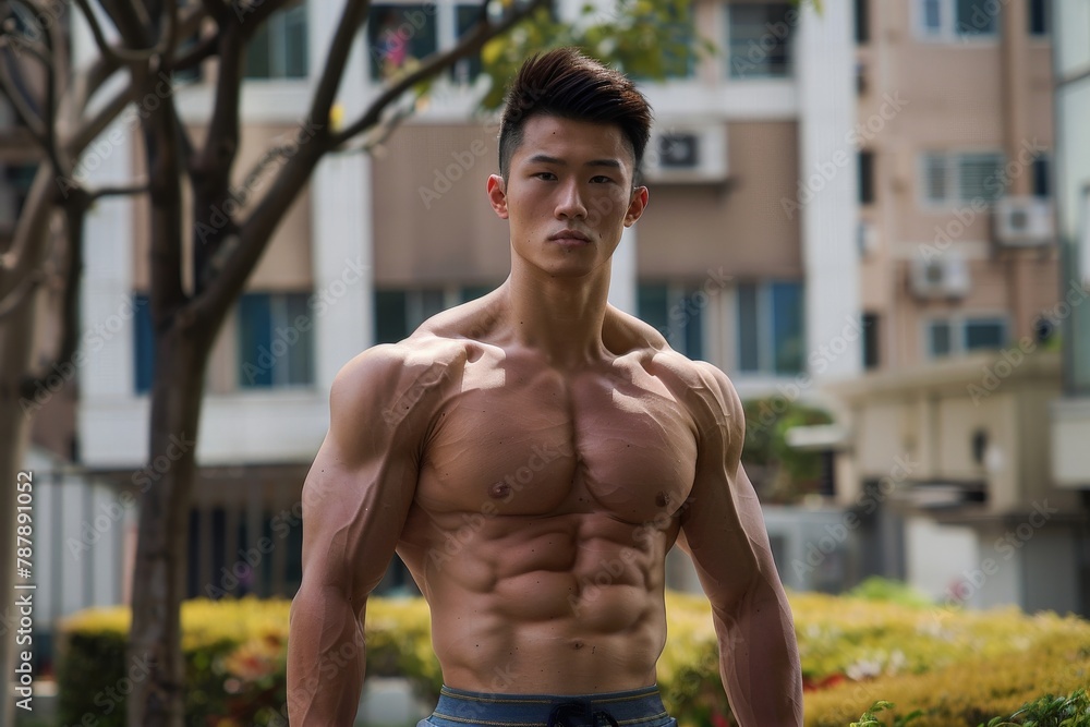 Confident Asian Bodybuilder Posing in Park