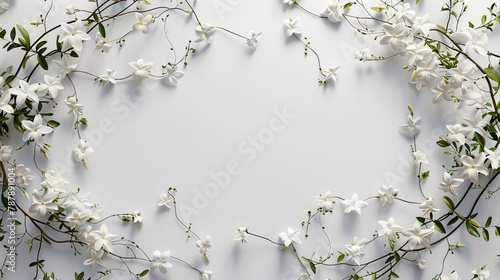  A mesmerizing pattern of intricate jasmine vines woven into an oval empty inside frame, their delicate white flowers casting subtle shadows against the pure white background, photo
